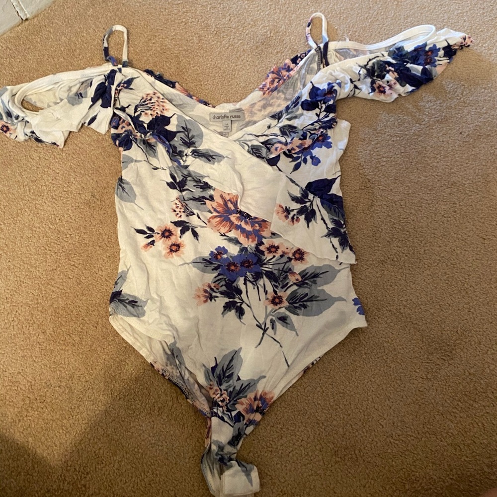 Floral Bodysuit Tank Top w/ Ruffled Short Sleeves
